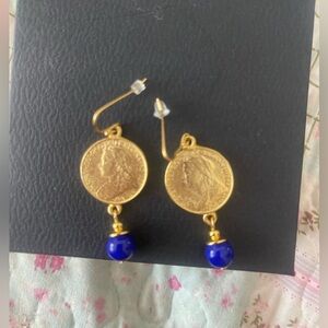 Gold Coin Drop Earrings with Blue Accents